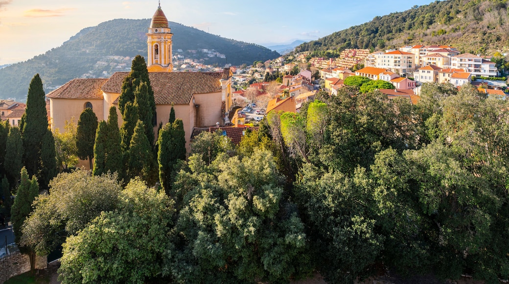 View from the top of the ancient Roman Trophy of Augustus monument of the Mediterranean Sea and church of La Turbie in the historic town of La Turbie, France.