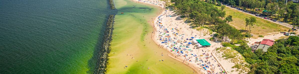 A coastal beach with clear waters, a sandy shore, and wind turbines in the distance.