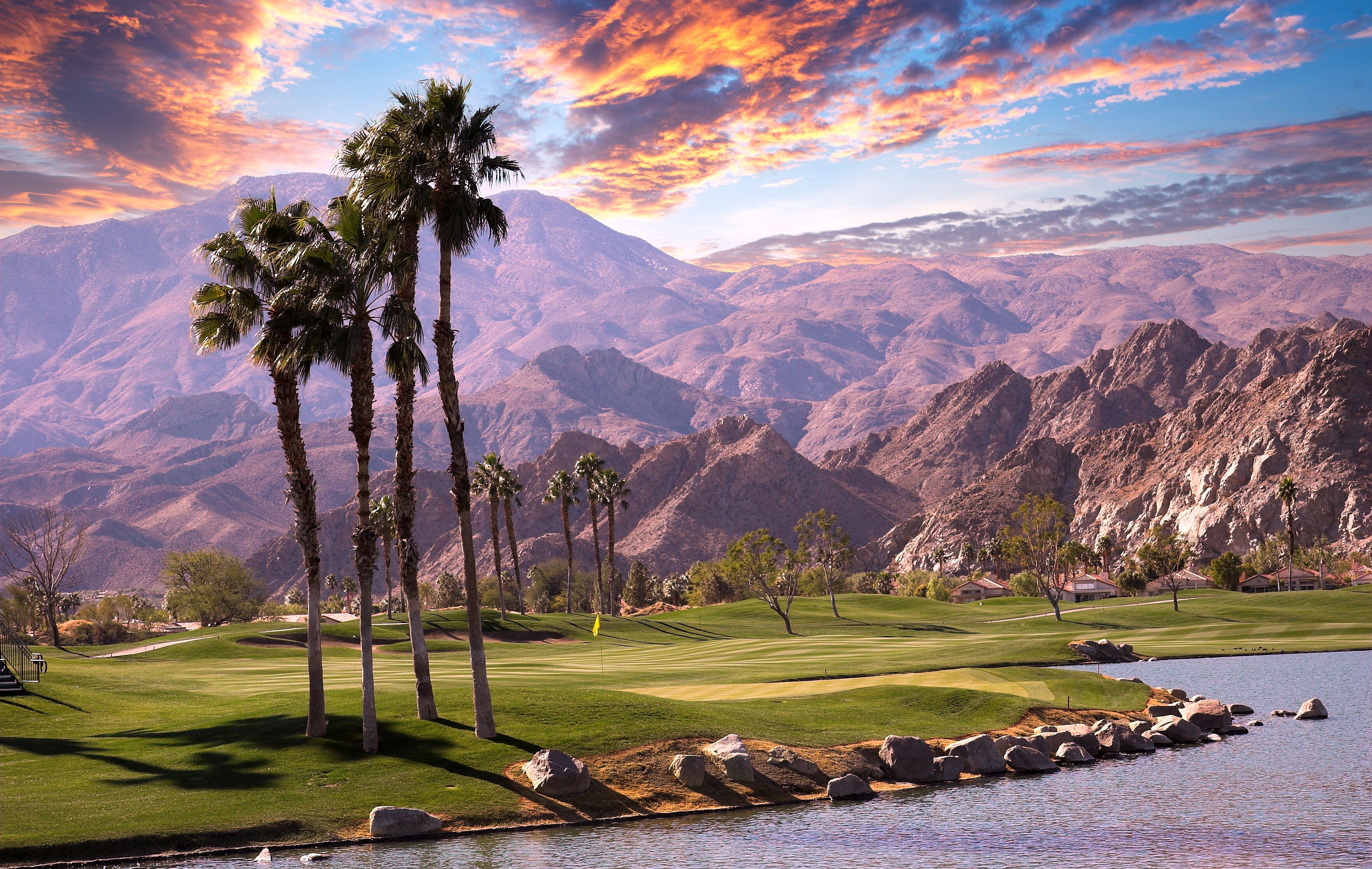 golf courseat sunset  in palm springs, california