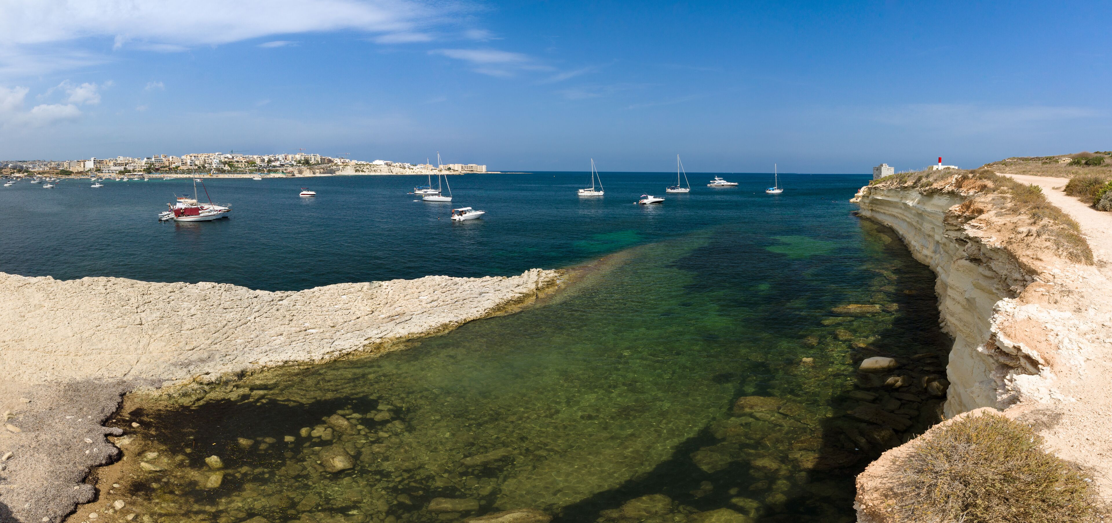 Panorama of St Thomas bay and Munxar path near Marsaskala, Malta.  Famous trekking path Marsaskala-Marsaxlokk