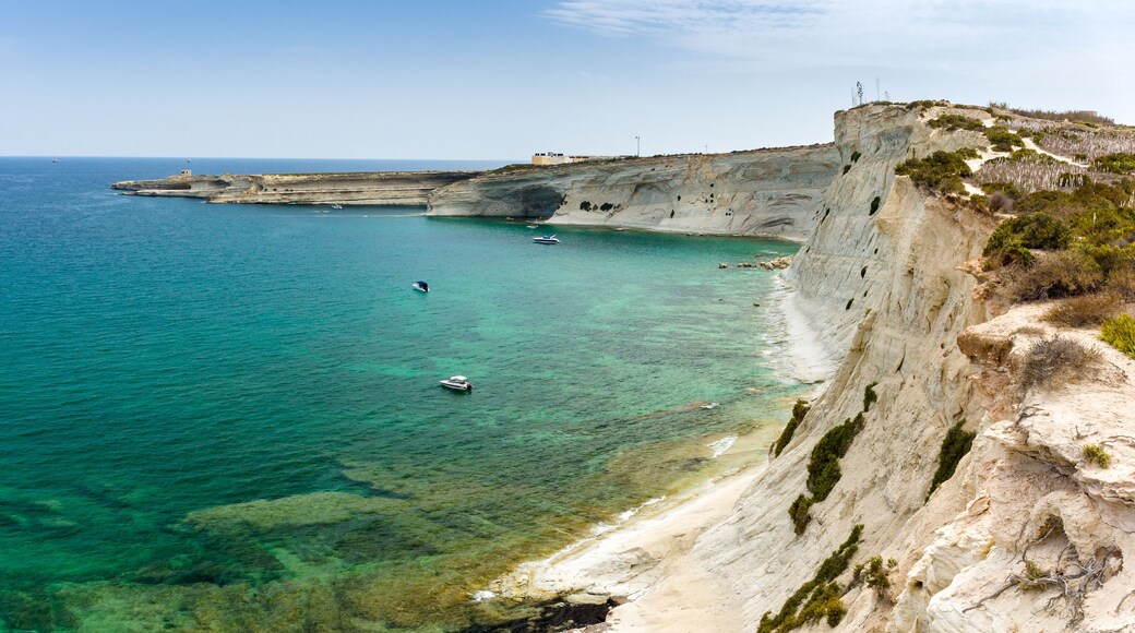 Panorama of steep coast "Munxar path" near Marsaskala, Malta. Famous trekking path Marsaskala-Marsaxlokk