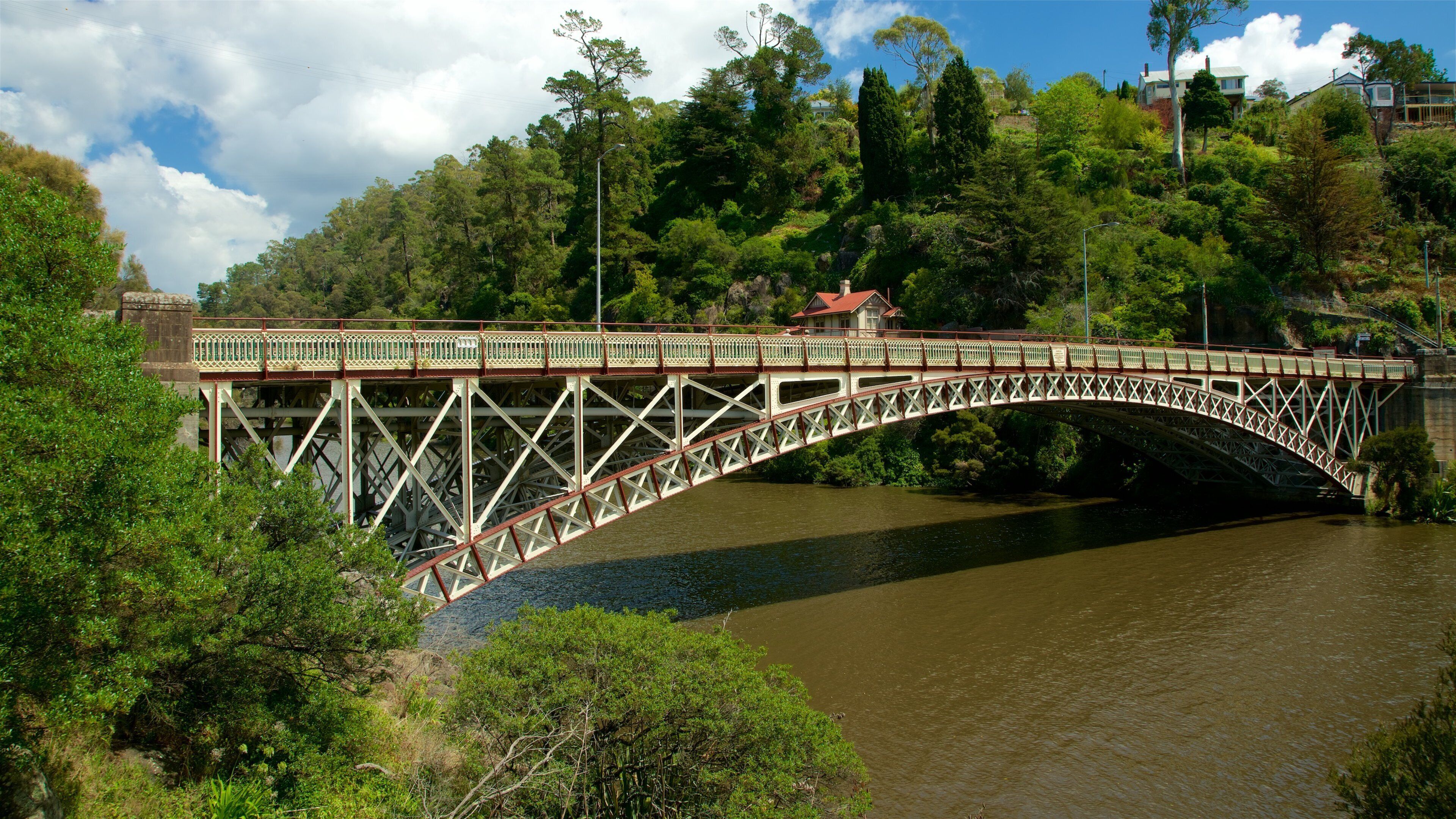 A steel bridge over a river, surrounded by lush greenery and trees.