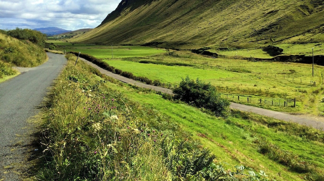 County Donegal boasts some remarkable landscape diversity. All of the county was glaciated up to about 10,000 years ago and the effect of glaciation is everywhere in evidence still. Here at Glengesh, this wide and rounded valley, a U-shaped valley, is the classic shape of a glaciated valley. A great county to explore if you are interested in geology or topography.