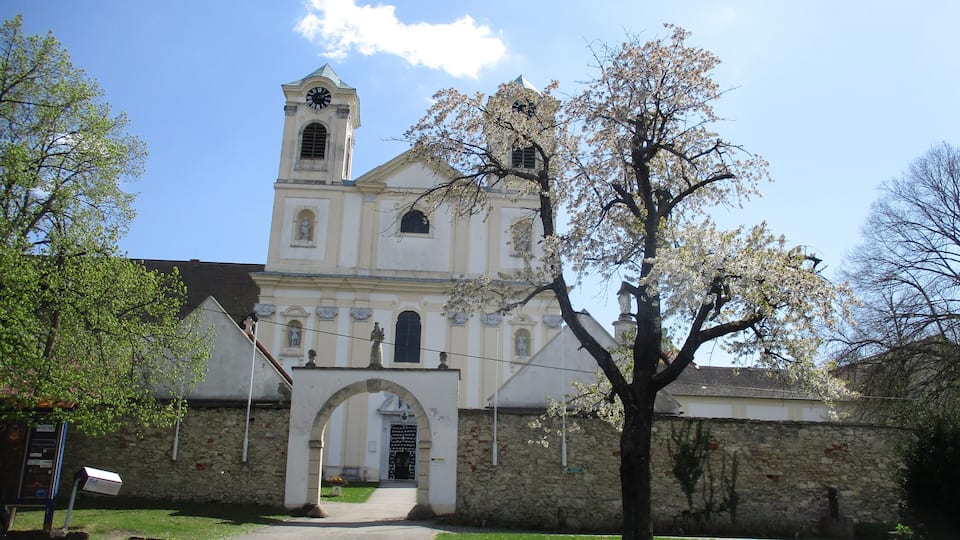 A church with a clock tower, an arched entrance, and blooming trees.