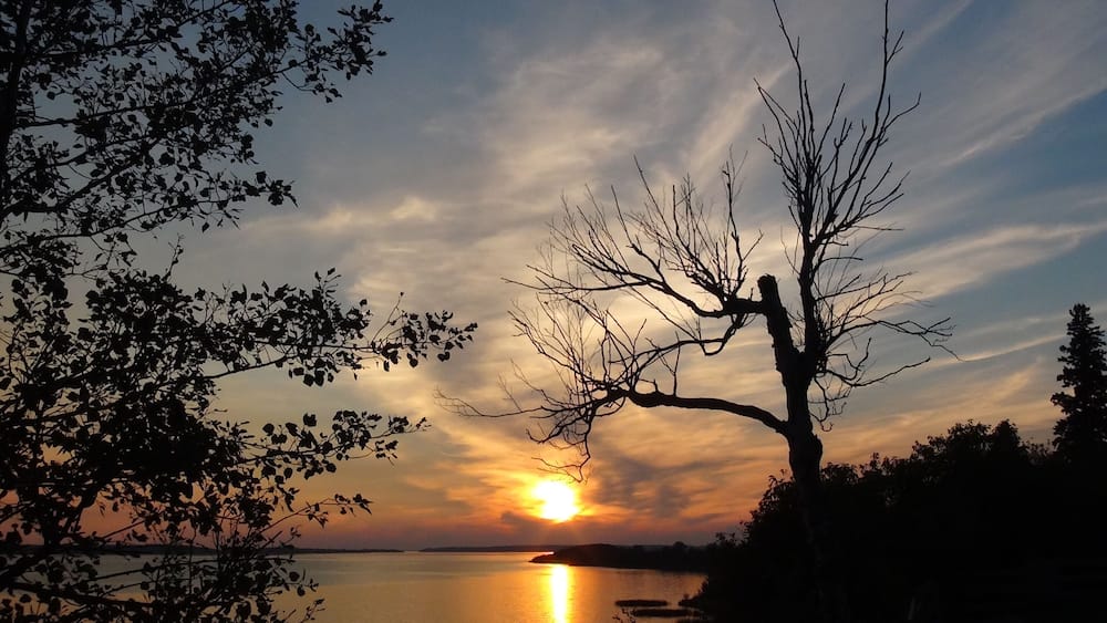 Lake, old tree and beautiful sunset at Lac La Biche, Alberta Canada