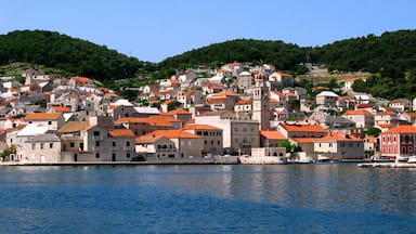 A coastal town with buildings on a hillside, a body of water in the foreground, and green hills in the background.