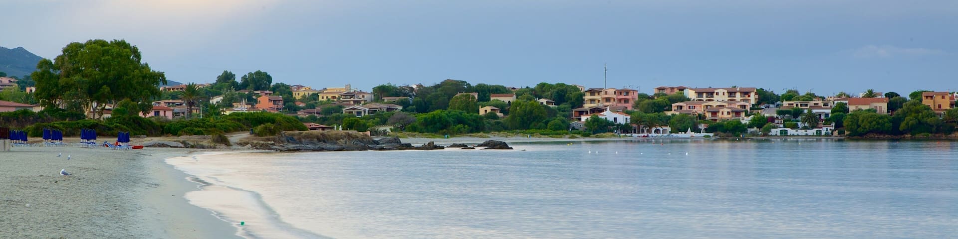 A coastal town with a beach, houses, and a clear sky.