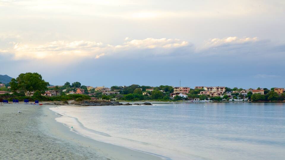 A coastal town with a beach, houses, and a clear sky.