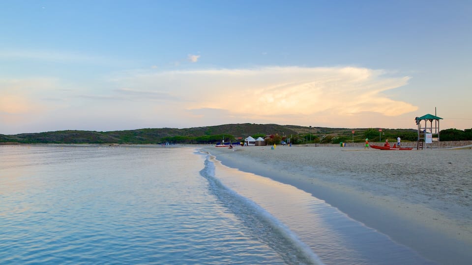 A beach with calm waters, a lifeguard tower, and a hilly landscape in the background.