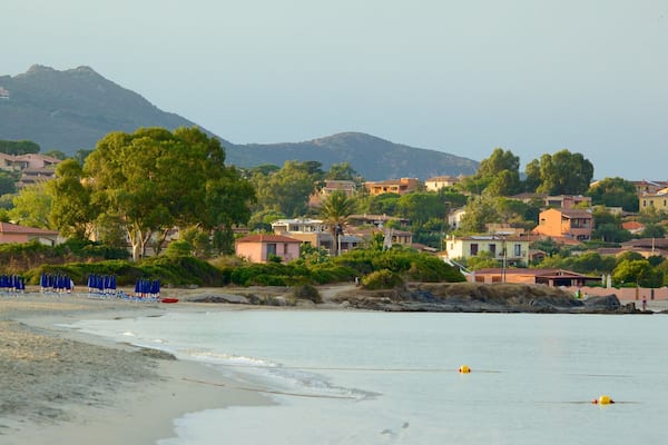 Pittulongu Beach which includes a sandy beach and a coastal town