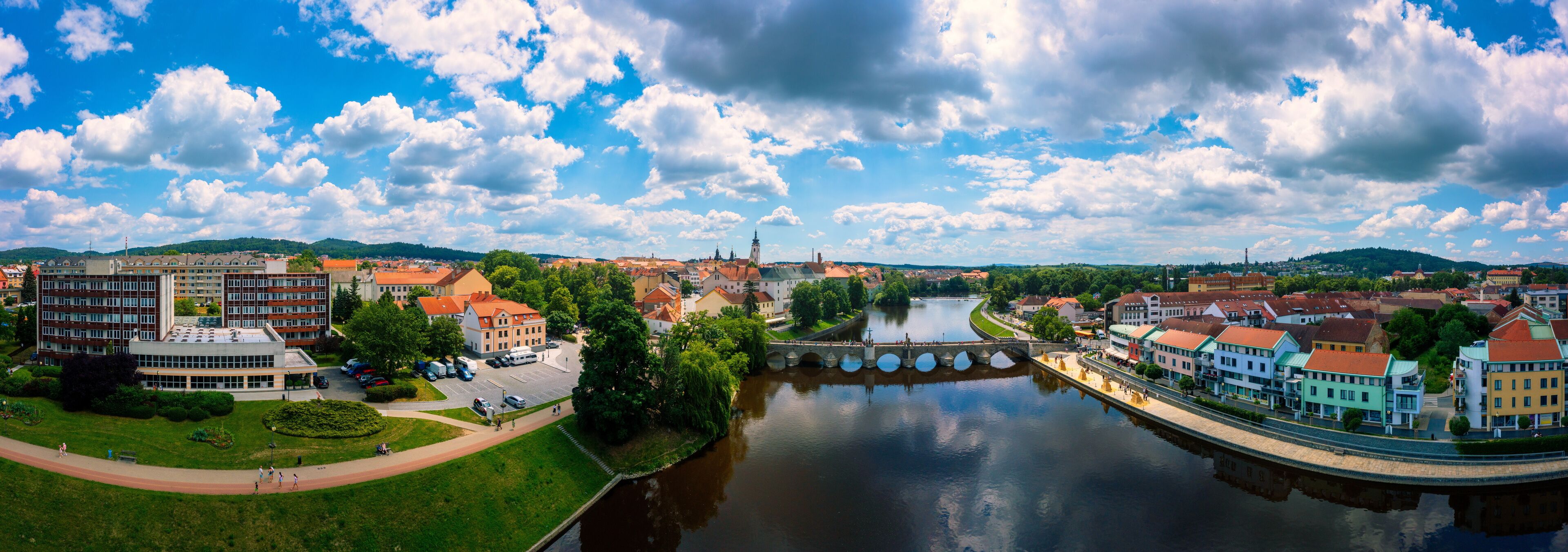Medieval Town Pisek and historic stone bridge over river Otava in the Southern Bohemia, Czech Republic. Pisek Stone Bridge, the oldest preserved early Gothic bridge in the Czech republic.