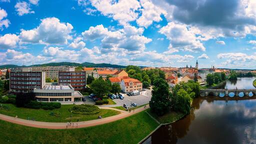 Medieval Town Pisek and historic stone bridge over river Otava in the Southern Bohemia, Czech Republic. Pisek Stone Bridge, the oldest preserved early Gothic bridge in the Czech republic.