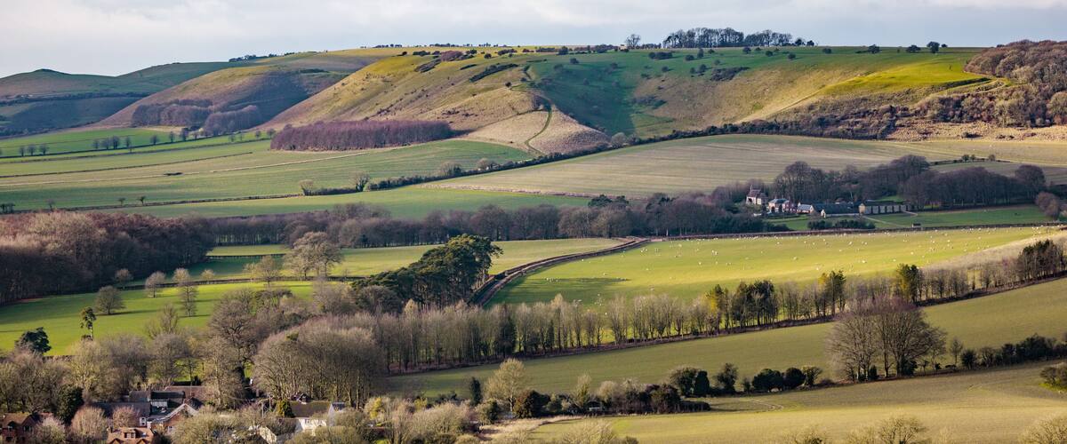 Rolling hills, green fields, and a distant house.