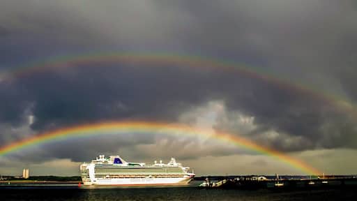 Looking towards Southampton Town Quay and Weston Shore as cruise ships sail down Southampton Water. My lucky double rainbow. Shot :)