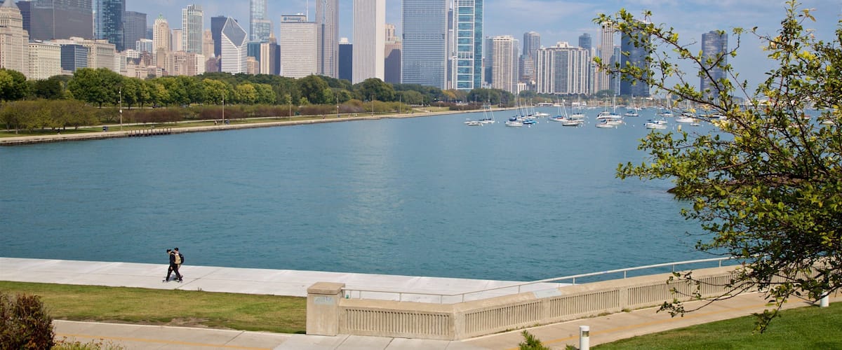 Parque Northerly Island que incluye un parque, una bahía o puerto y una ciudad