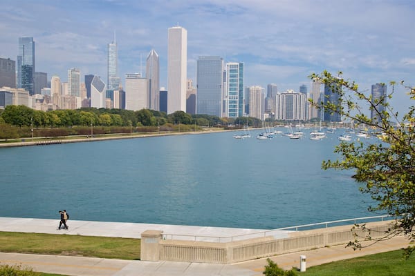 Northerly Island Park mit einem Bucht oder Hafen, Stadt und Park