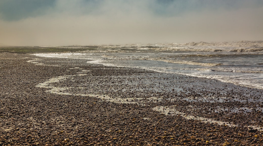 A pebbly beach with waves, under a cloudy sky.