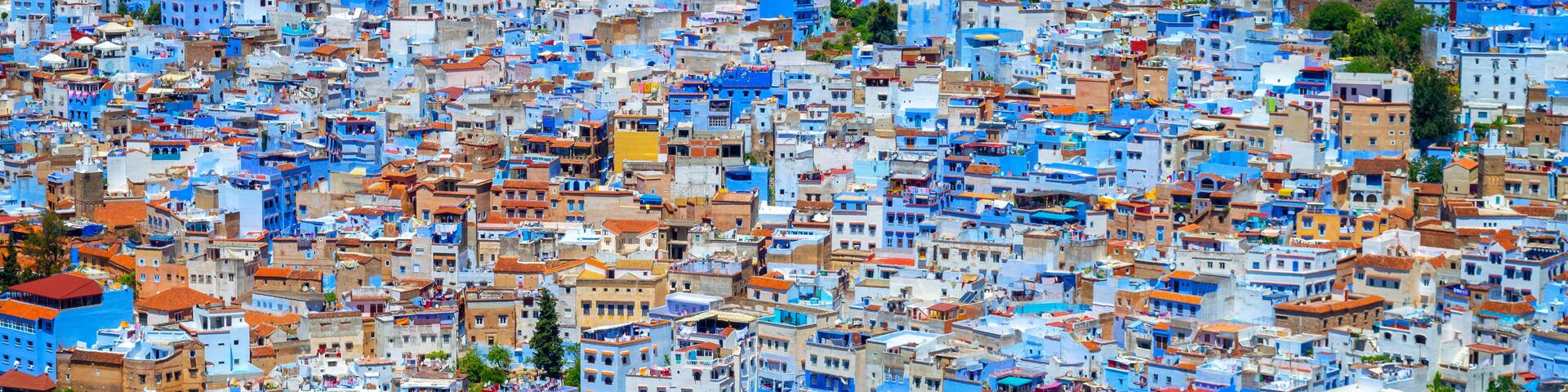 Panorama of the blue city of Chefchaouen in Morocco