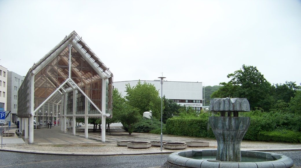 Teplice, Teplice District, Ústí nad Labem Region, Czech Republic. Náměstí Svobody, a fountain and a town hall.