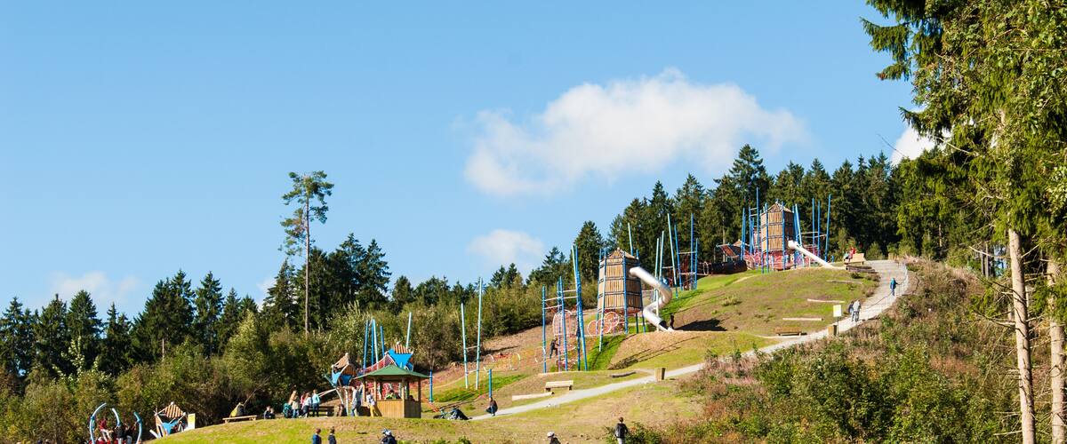 A dirt path leading to a playground with a slide and climbing structures.