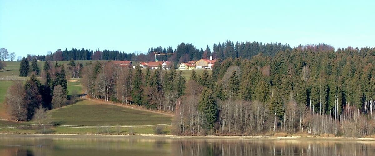 Un lac paisible où se reflètent les arbres et les maisons qui bordent la rive.