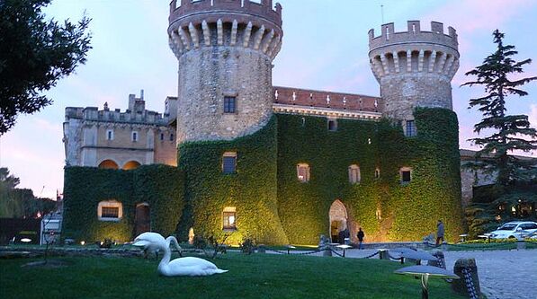 A castle with two towers, ivy-covered walls, and a swan in the foreground.