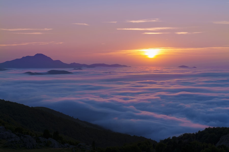 Sunset on the route of the swallows. Sunset in the Pyrenees from the Jeandel refuge, France.