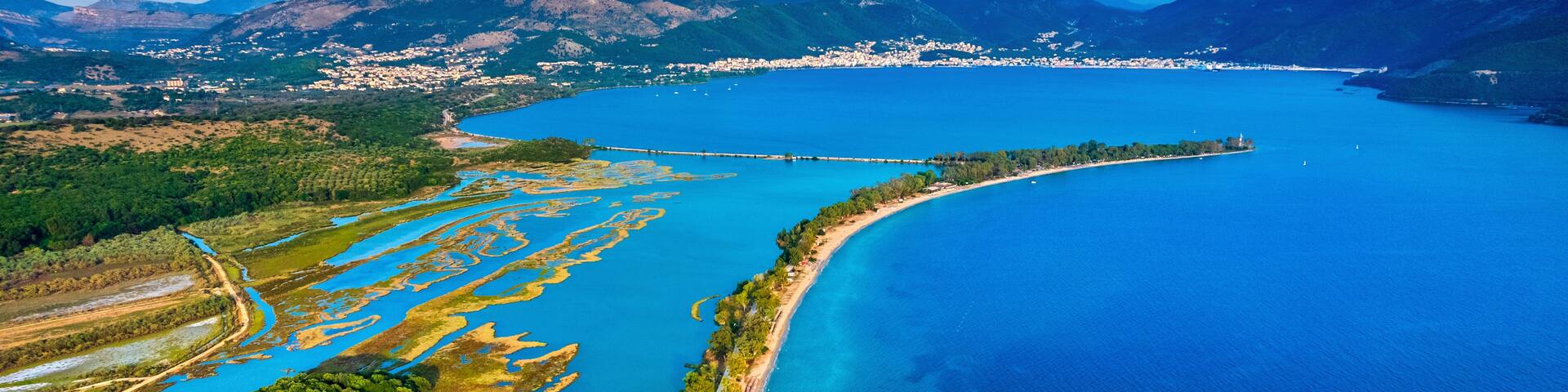 Drepano beach and Igoumenitsa town in the background. Thesprotia, Epirus, Greece.