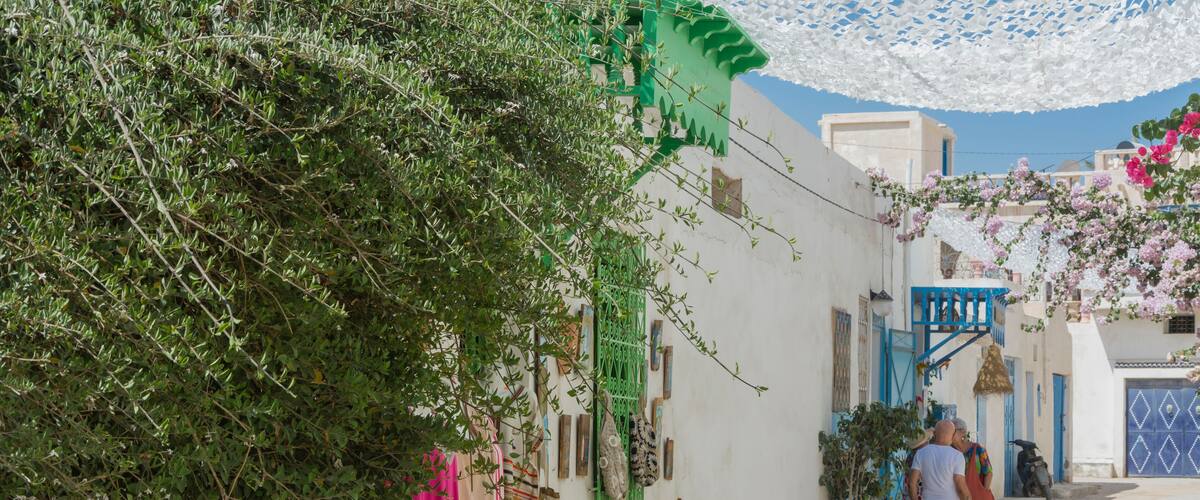 A narrow street with white buildings, green shutters, and pink flowers.