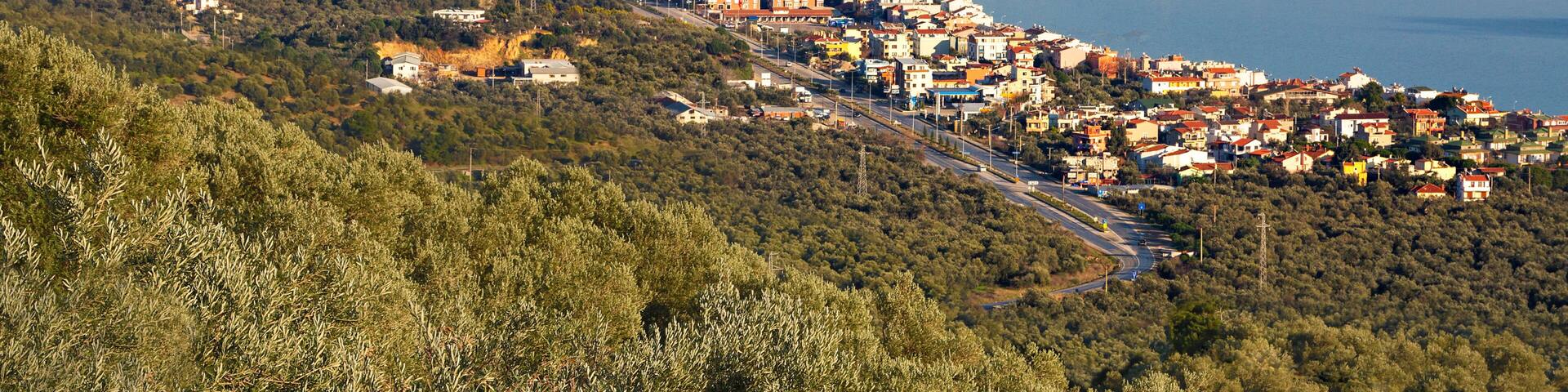 View over the town of Kucukkuyu along the Aegean Sea, Turkey