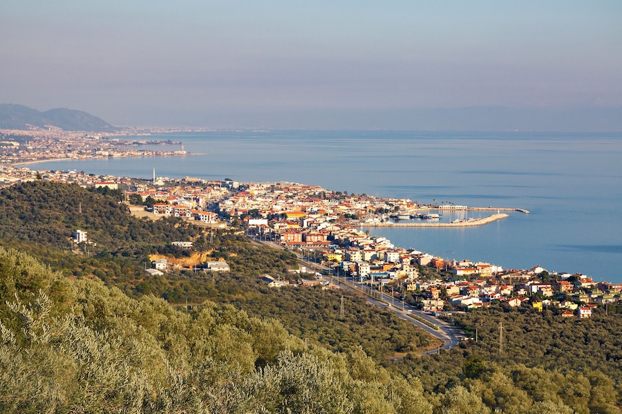 View over the town of Kucukkuyu along the Aegean Sea, Turkey