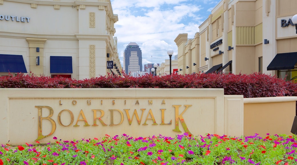 Louisiana Boardwalk which includes flowers and signage