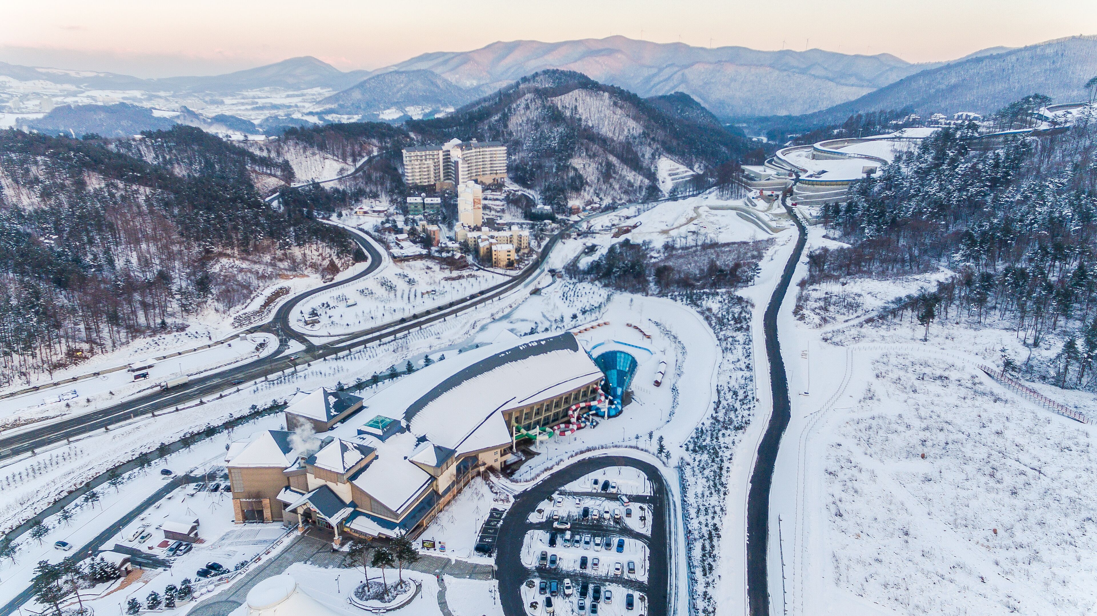 Alpencia, South Korea, 2016 - Olympic Village for the 2018 Winter Olympics. View from above. Winter.