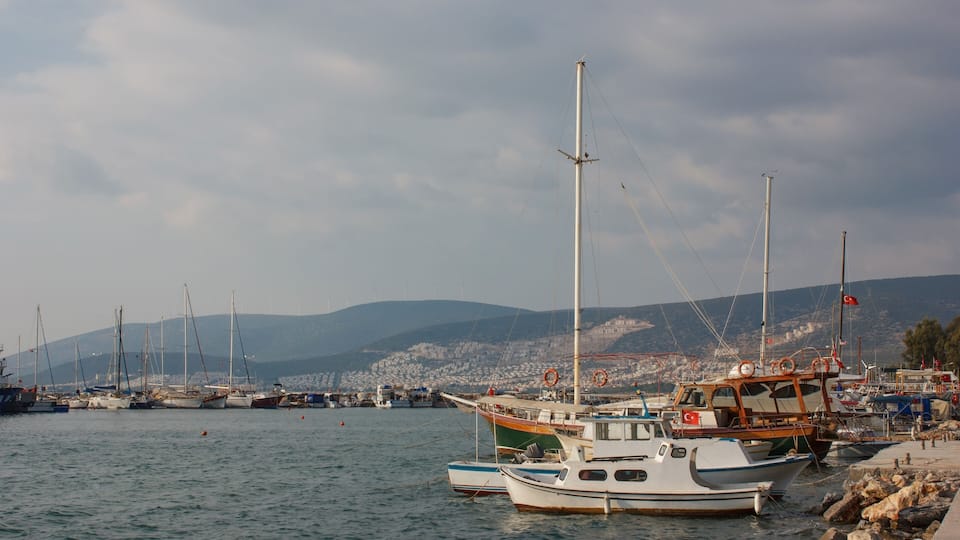 A harbor with boats, a rocky shoreline, and a mountainous backdrop.