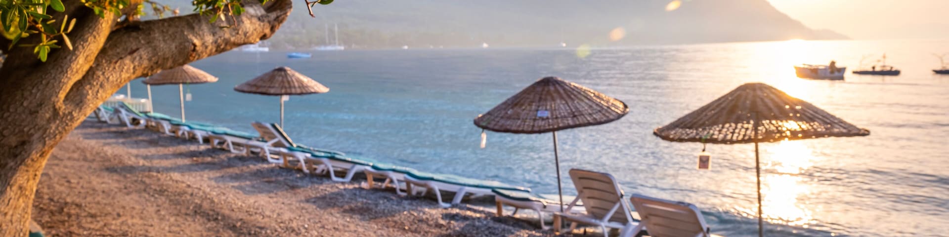 Uma praia com cadeiras de praia e guarda-sóis de palha, uma árvore e barcos na água.