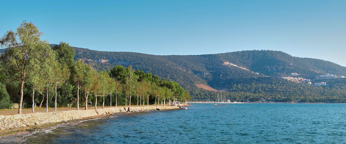A coastal landscape with a stone wall, trees, a calm sea, and a mountain in the background.