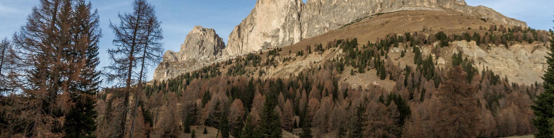 Beautiful view of Pale di San Martino in the italian Dolomites with blue cloudy sky. Fiera di Primiero