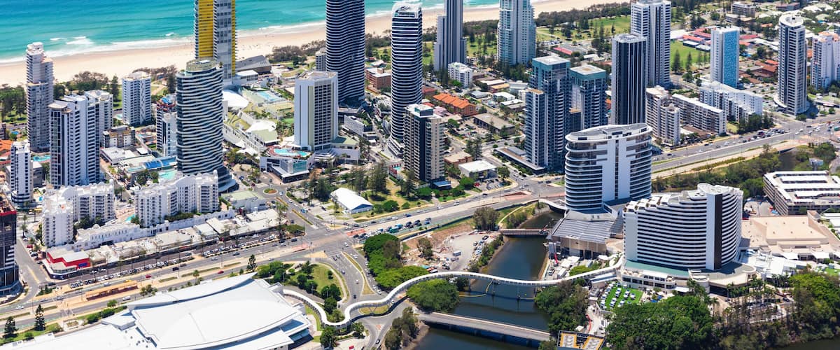 Aerial view of Broadbeach with the convention centre and casino on the Gold Coast