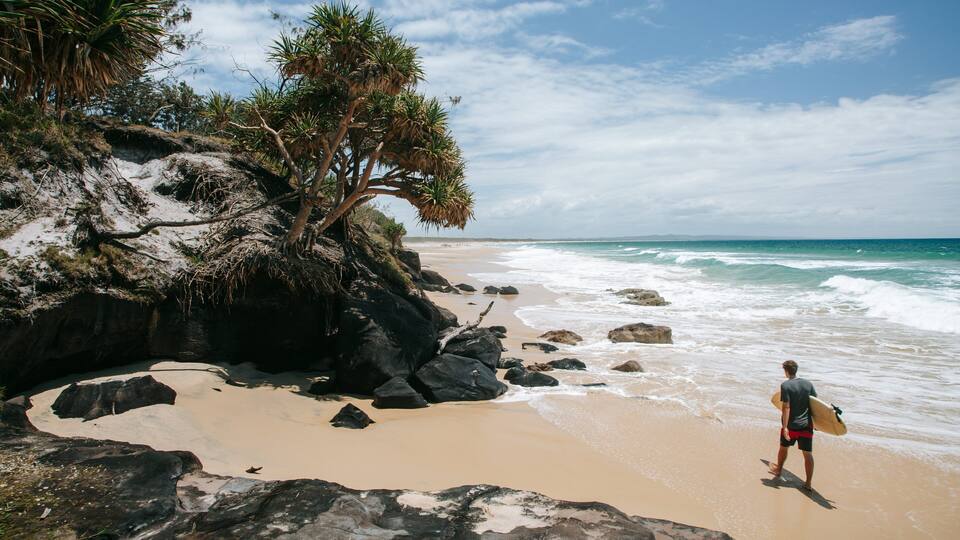 A beach with a person carrying a surfboard, rocky shoreline, and palm trees.