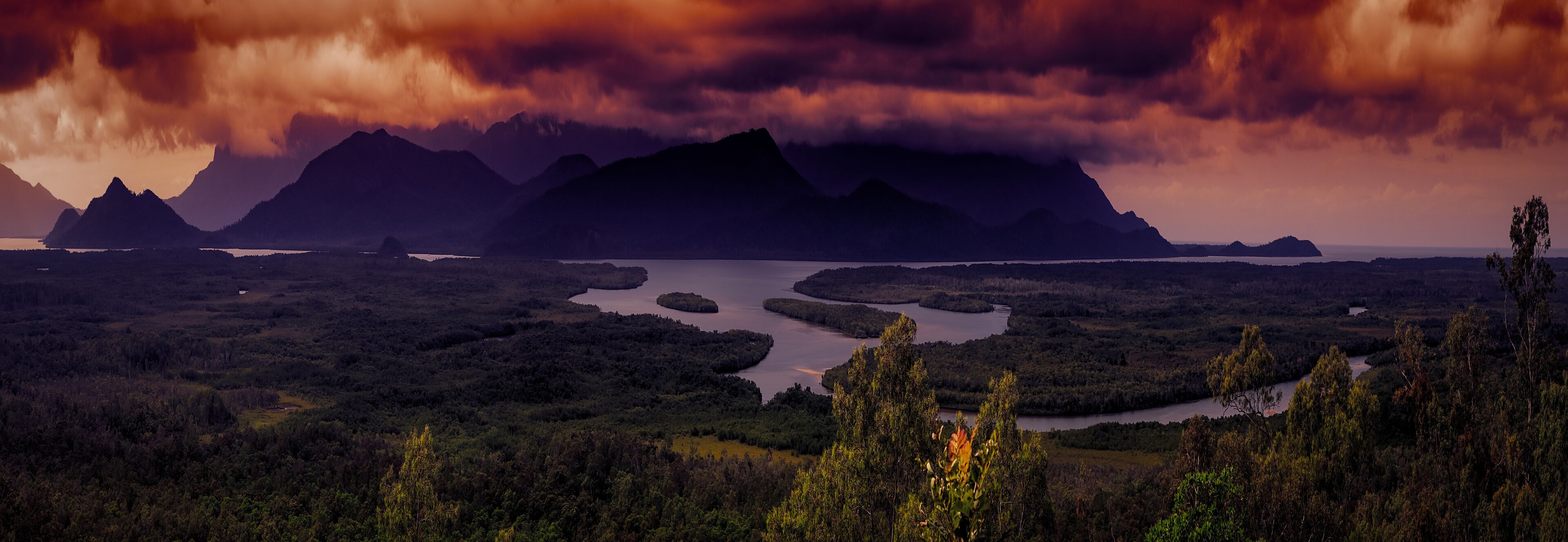 A landscape with a river, mountains, and dense forest.