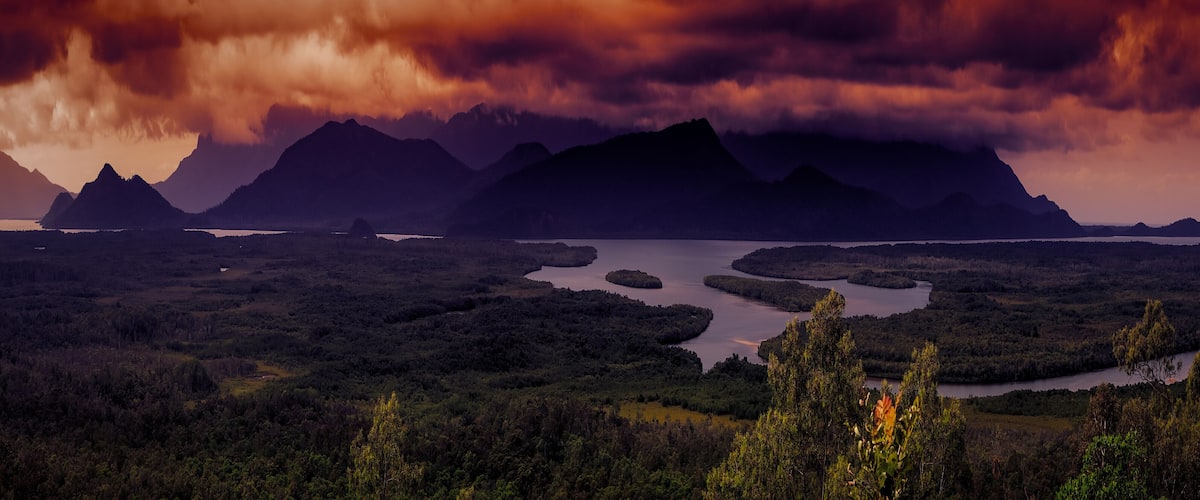 A landscape with a river, mountains, and dense forest.
