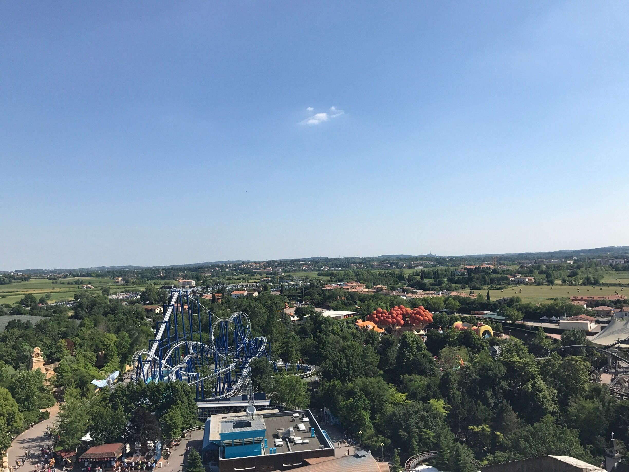 High above the ground on the flying island ride at Gardaland. Great views of the park and lake. 