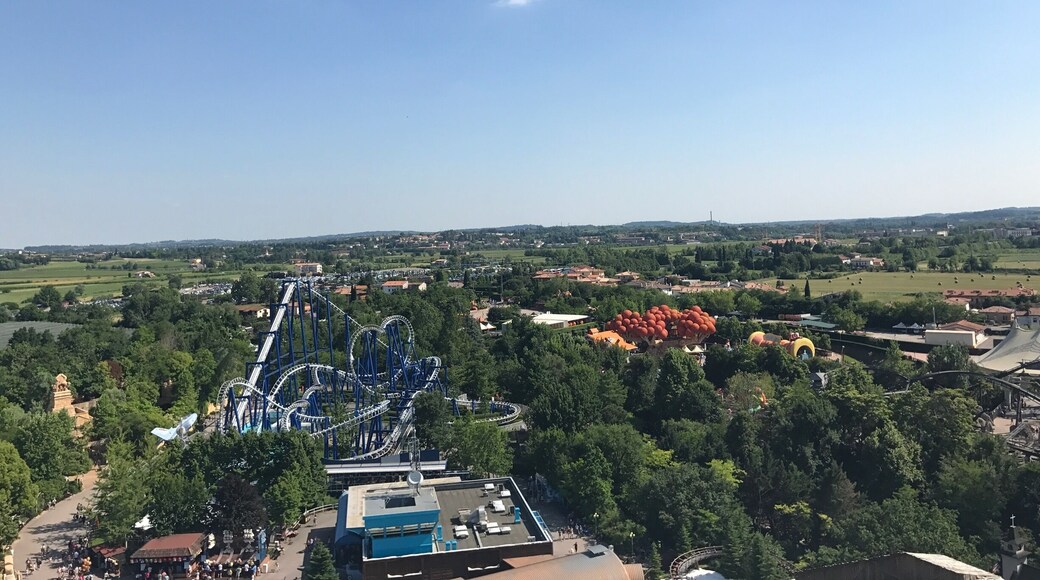 High above the ground on the flying island ride at Gardaland. Great views of the park and lake.