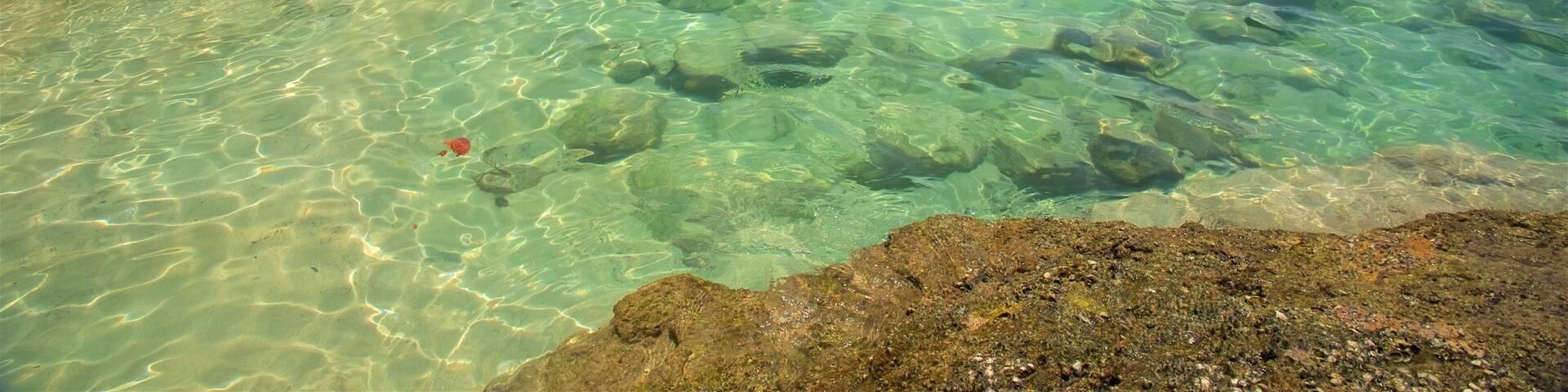 Surin mettant en vedette plage de sable, baignade et baie ou port