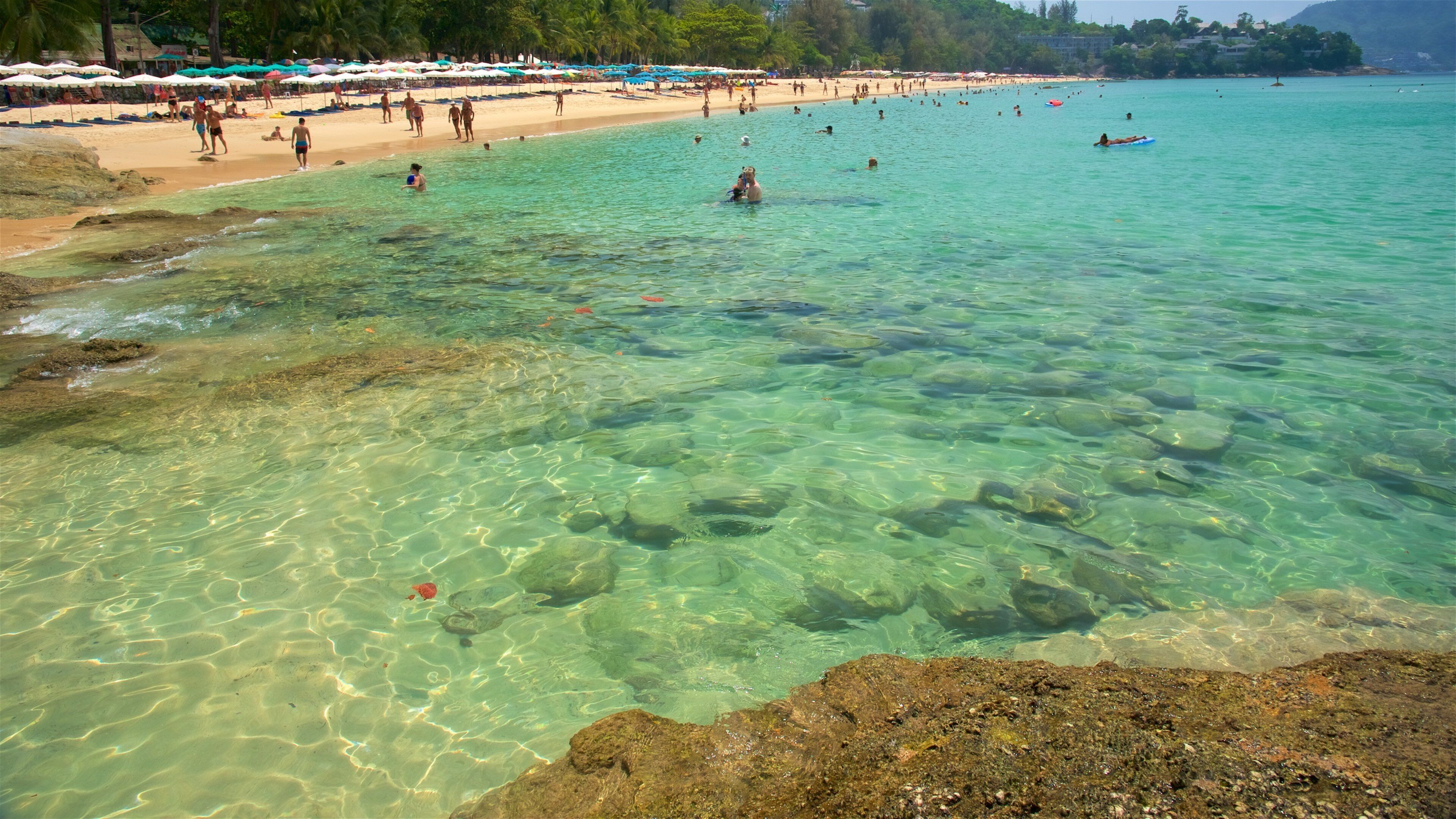 A beach with clear turquoise water, rocky shoreline, and people swimming and sunbathing.