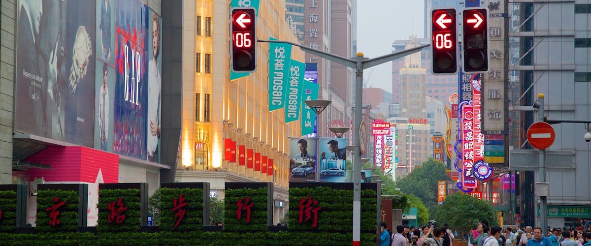 Distrito comercial de Nanjing Road ofreciendo señalización, escenas urbanas y distrito financiero central
