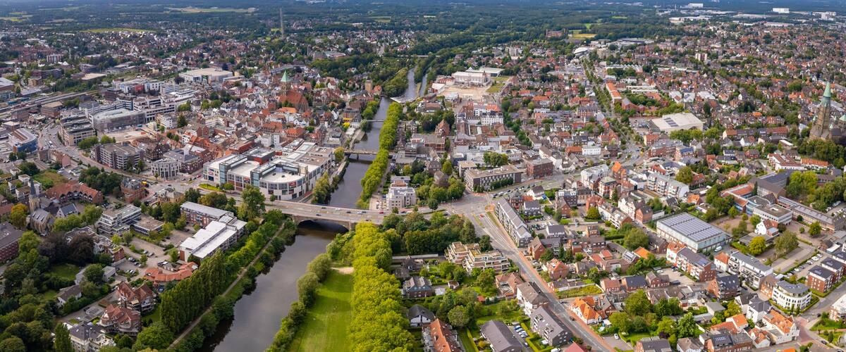 Aerial view of the old town of the city Rheine in Germany on a sunny spring morning