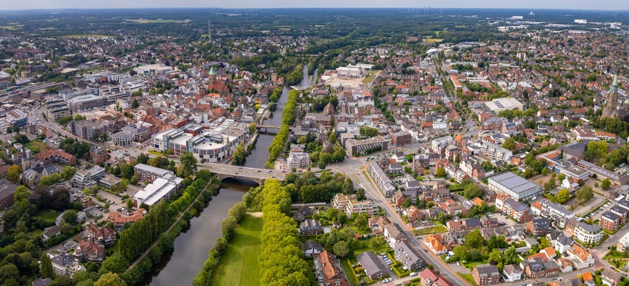 Aerial view of the old town of the city Rheine in Germany on a sunny spring morning