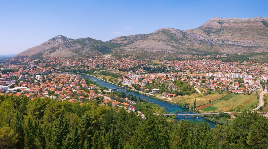 Panoramic view of Trebinje city and Trebisnjica river from Crkvina Hill on sunny summer day. Bosnia and Herzegovina, Republika Srpska