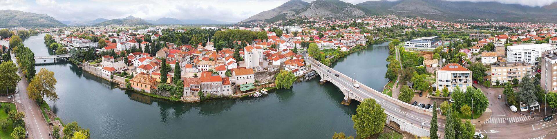 Aerial panorama view of the Trebinje city and Trebisnjica river, Republika Srpska, Bosnia and Herzegovina